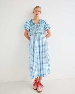Oliver Bonas & White Checked Shirred Bodice Midi Dress, Size 10 - Blue