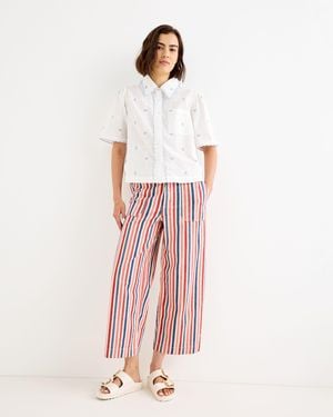 Oliver Bonas Blue & Striped Cropped Wide Leg Jeans, Size 12 - White