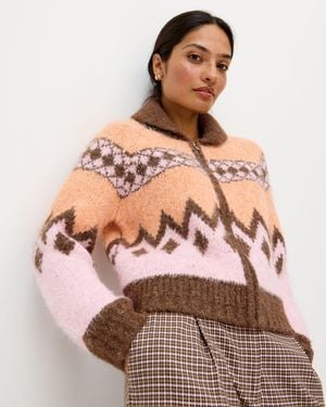 Oliver Bonas Peach & Brown Geometric Collared Knitted Bomber Jacket, Size 6