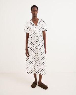 Oliver Bonas White & Brown Polka Dot Scallop Collar Cotton Midi Dress, Size 6