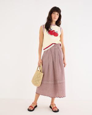Oliver Bonas Burgundy Gingam Scalloped Hem Midi Skirt, Size 10 - Pink