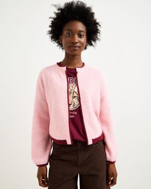 Oliver Bonas & Burgundy Trim Open Front Knitted Cardigan, Size 10 - Pink