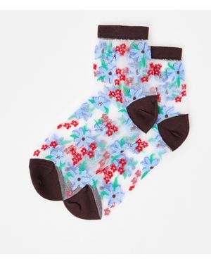 Oliver Bonas & Red Floral Sheer Ankle Socks - White