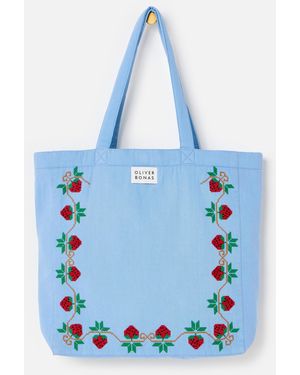 Oliver Bonas Light Strawberry Cross Stitch Tote Shopper Bag - Blue