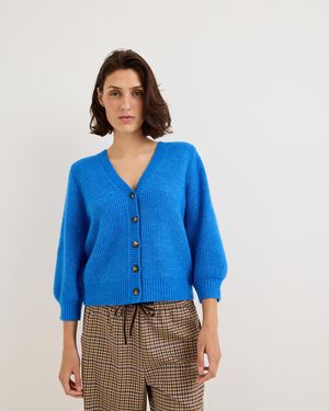 Oliver Bonas Cobalt Ribbed V-neck Knitted Cardigan, Size 10 - Blue