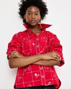 Oliver Bonas & White Motif Print Wide Sleeve Cotton Shirt, Size 10 - Red