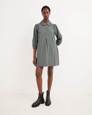 Oliver Bonas Blue & Green Checked Frill Collar Cotton Mini Dress, Size 10 - Multicolour