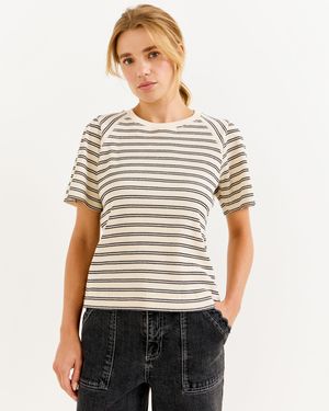Oliver Bonas Cream & Black Striped Ribbed T-shirt, Size 10 - White