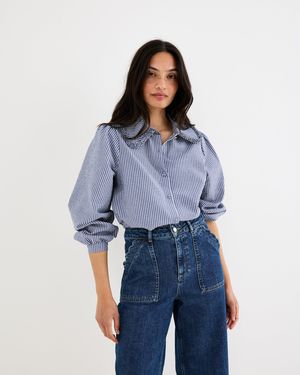 Oliver Bonas & White Striped Cotton Collar Shirt, Size 10 - Blue