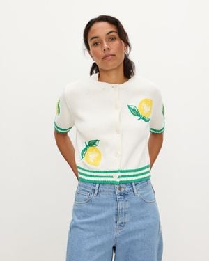 Oliver Bonas Lemon Embroidered Short Sleeve Cardigan, Size 8 - Blue