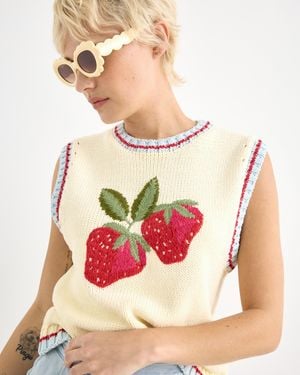 Oliver Bonas Strawberry Embroidered Knitted Tank Top, Size 16 - Pink