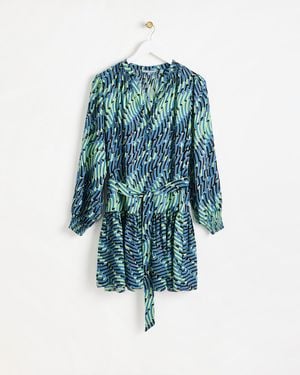 Oliver Bonas Blue & Geometric Tie Waist V-neck Dress, Size 6
