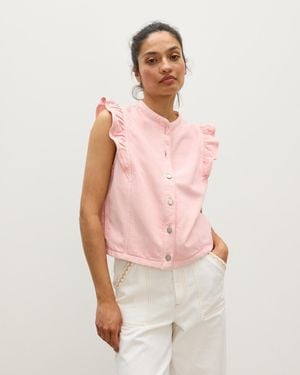 Oliver Bonas Washed Frill Sleeve Denim Waistcoat, Size 6 - Pink