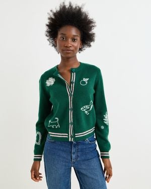 Oliver Bonas Dark & White Embroidered Crew Neck Knitted Cardigan, Size 10 - Green