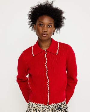 Oliver Bonas & White Blanket Stitch Collared Knitted Cardigan, Size 10