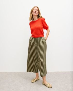 Oliver Bonas Khaki & Cream Striped Cropped Wide Leg Trousers, Size 6 - Red