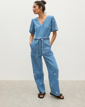 Oliver Bonas Chambray Embroidered Tie Waist Jumpsuit - Blue