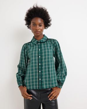 Oliver Bonas Checked Velvet Trim Blouse, Size 10 - Green