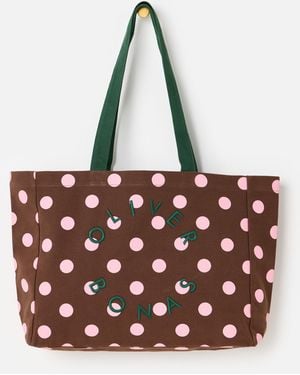 Oliver Bonas & Pink Polka Dot Logo Fabric Tote Shopper Bag - Brown