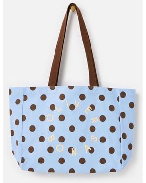 Oliver Bonas Light Blue & Brown Polka Dot Logo Fabric Tote Shopper Bag