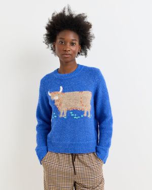 Oliver Bonas Henrietta Cow Crew Neck Knitted Jumper, Size 6 - Blue