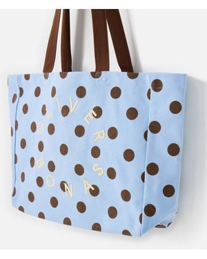 Oliver Bonas Light Blue & Brown Polka Dot Logo Fabric Tote Shopper Bag