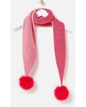 Oliver Bonas & Pink Striped Pom Pom Skinny Knitted Scarf - Red