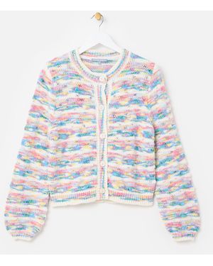 Oliver Bonas Pastel Textured Crew Neck Knitted Cardigan, Size 14 - White