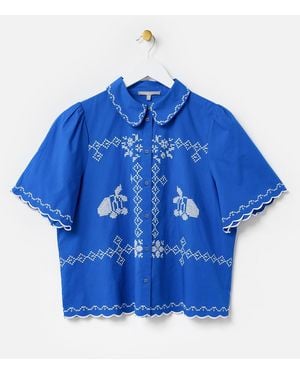 Oliver Bonas Cobalt Cross Stitch Short Sleeve Shirt, Size 14 - Blue