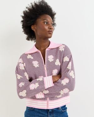 Oliver Bonas & Brown Striped Floral Zip Up Knitted Bomber Jacket, Size 10 - Pink