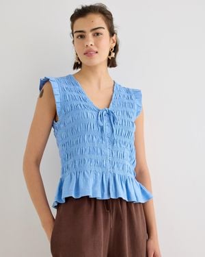 Oliver Bonas Tie Front Shirred Cotton Sleeveless Top, Size 10 - Blue