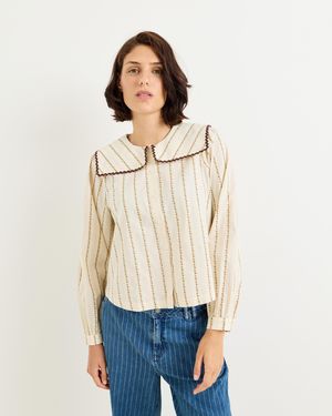 Oliver Bonas Cream Jacquard Striped Sailor Collar Blouse, Size 10 - Natural