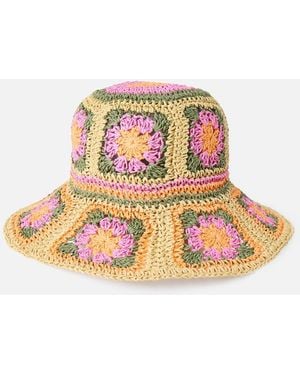 Oliver Bonas Crochet Flower Straw Bucket Hat - White