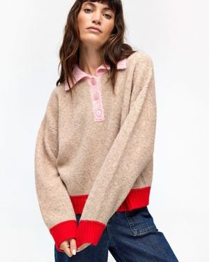 Oliver Bonas Camel Brown Colour Block Collared Knitted Jumper, Size 6