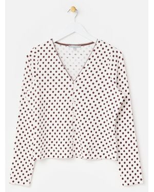 Oliver Bonas White & Brown Polka Dot V-neck Long Sleeve Top, Size 6