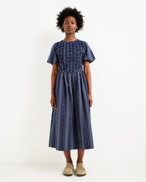 Oliver Bonas Blue Striped Floral Jacquard Shirred Bodice Midi Dress, Size 10