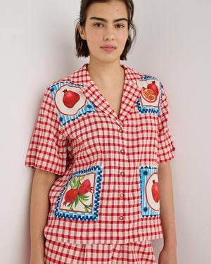 Oliver Bonas & Cream Gingham Pomegranate Short Sleeve Shirt, Size 10 - Red