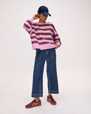 Oliver Bonas Mid Denim Scallop Stitch Cropped Wide Leg Jeans, Size 10 - Pink