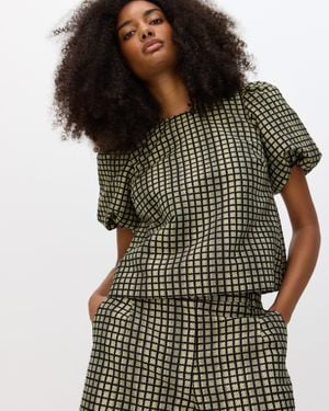 Oliver Bonas Black & Checked Jacquard Puff Sleeve Top, Size 18 - Green