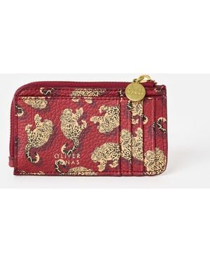 Oliver Bonas Burgundy Snow Leopard Zipped Card Holder - Red