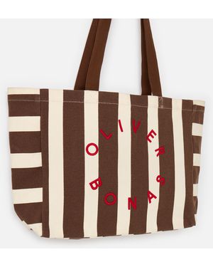 Oliver Bonas Chocolate Brown & Cream Striped Logo Fabric Tote Shopper Bag