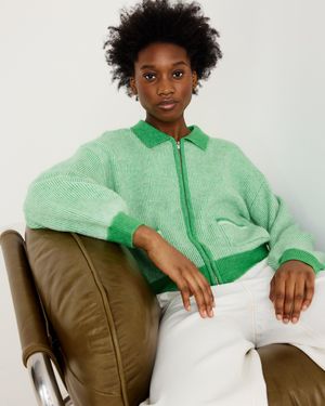 Oliver Bonas Striped Collared Knitted Bomber Jacket, Size 10 - Green