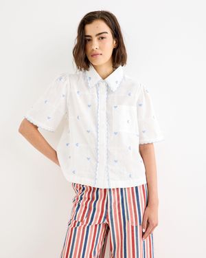 Oliver Bonas White & Blue Heart Embroidered Scalloped Short Sleeve Shirt, Size 10