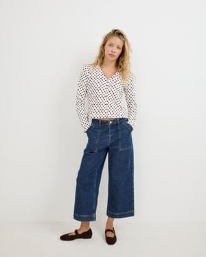 Oliver Bonas White & Brown Polka Dot V-neck Long Sleeve Top, Size 8