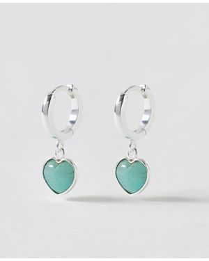 Oliver Bonas Sorcha Amazonite Inlay Heart Charm Silver Hoop Drop Earrings - Blue