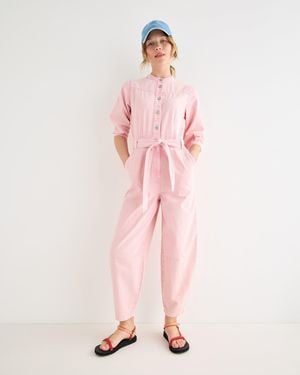 Oliver Bonas Light Denim Button Up Tie Waist Jumpsuit, Size 10 - Pink