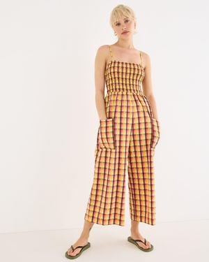 Oliver Bonas Yellow & Brown Checked Strappy Cropped Jumpsuit, Size 10 - Natural