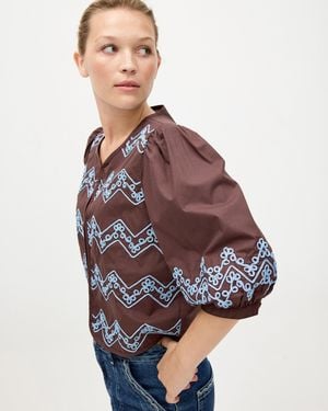 Oliver Bonas Chocolate & Blue Embroidered Puff Sleeve Top, Size 6