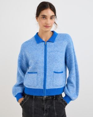 Oliver Bonas Striped Collared Knitted Bomber Jacket, Size 10 - Blue