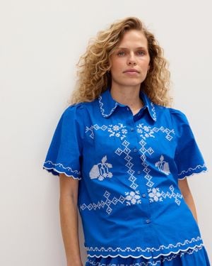Oliver Bonas Cobalt Cross Stitch Cotton Short Sleeve Shirt, Size 6 - Blue